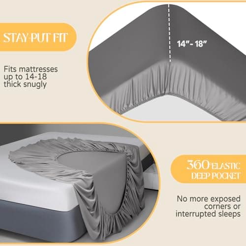 Acnalboma Cotton Fitted Sheet King Only,Ultra-Soft Hotel Luxury Long Staple,Breathable and Comfy Sateen Weave,Fits Up to 18",Grey,78"x80" - Thumbnail 4