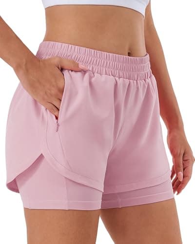 Stelle Women 2 in 1 Running Shorts High Waisted Athletic Shorts Gym Workout Shorts with Liner Zipper Pockets (Pink, S) - Image 1