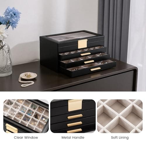 Lolalet Earring Storage Box Case with Glass Top, Large Earring Jewelry Holder Organizer Display with Drawer and Grid, Mothers Day Gifts -4 Tiers, Black - Thumbnail 3