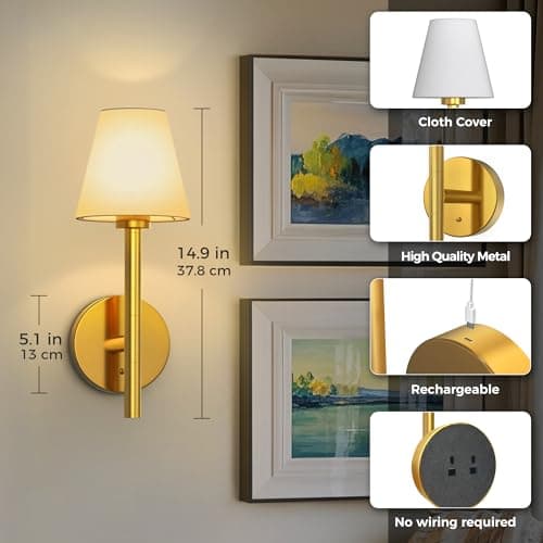 L LOHAS LED Battery Operated Wall Sconce & Table Lamp Set of 2, 10000mAh Battery Powered Dimmable Wall Lamp with App, 15 DIY Color, Wireless Sconces Wall Decor for Living Room, Bedroom, Gold - Thumbnail 5