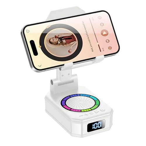 buwy Gifts for Men Women, Cell Phone Stand with Wireless Bluetooth Speaker and Colorful LED Lights, Anti-Slip Base HD Surround Sound, Rechargeable (3000mAh), Home and Outdoors Bluetooth Speaker White