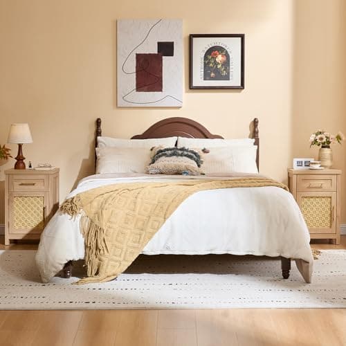 YUFAM Small Rattan Nightstand - Boho Night Stand with Type-C Charging Station for Bedroom, Modern Nightstands w/Drawer for Small Space, Wood Bedside Table w/Adjustable Storage Shelf, Natural Oak - Thumbnail 5