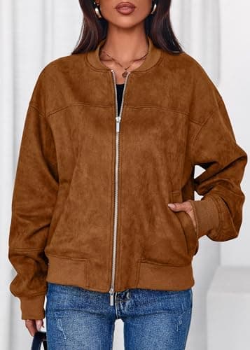 Lazysmile Women's Faux Suede Bomber Jackets Fall Fashion Outfits Winter Clothes Stand Collar Zip Up Coats Outwear with Pockets - Thumbnail 5