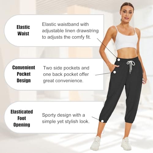 BATHRINS Women's Capri Sweatpants Summer Casual Jogger Drawstring Waist Pants with Back Pockets Black - Thumbnail 4