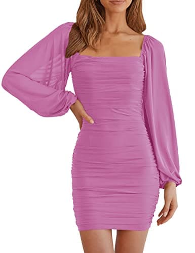 MEROKEETY Womens Long Sleeve Mesh Bodycon Cocktail Dress 2026 Square Neck Ruched Club Mini Dress Purple Medium - Image 1