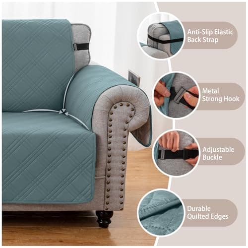 Eusalioy 100% Waterproof Couch Cover for Dogs, Washable Anti-Slip Sofa Cover with Elastic Straps & Side Pockets, Quilted Furniture Protector for Kids & Pets (3 Cushion 68", Grayishblue) - Thumbnail 5