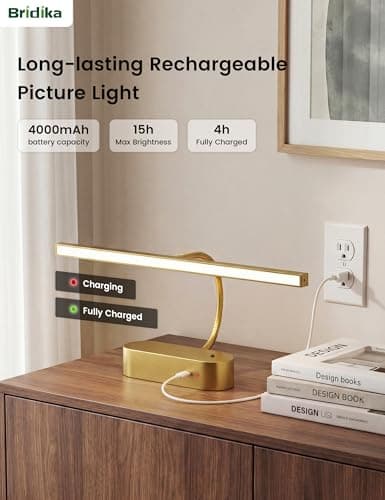 Rechargeable Picture Lights for Wall, Battery Operated Wall Light with Flexible Gooseneck, Wireless Art Lighting for Paintings & Portraits, Remote Control, 3 Colors Dimmable, Timer (Gold, 1 Pack) - Thumbnail 4