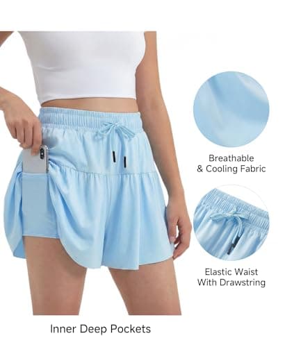 Stelle Girls Athletic Shorts Flowy 2 in 1 Butterfly Short Running Soccer Tennis Sports Shorts with Pocket,Light Blue,12-13 Years - Thumbnail 3