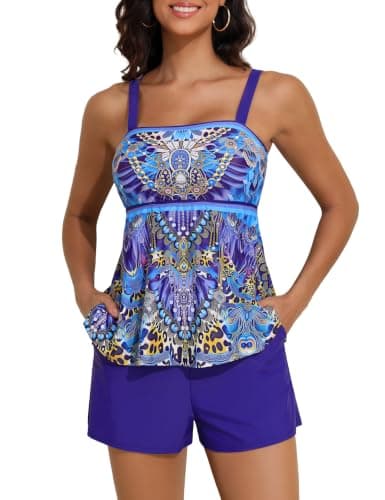 Hilor Vintage Two Piece Swimsuits for Women Empire Waist Tankini Swimwear Modest Bathing Suits Blue Baroque XL/US12-14 - Image 1