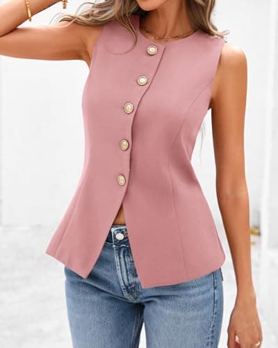 BTFBM Summer Sleeveless Blazer Vest For Women Dressy Button Down Round Neck Business Casual Outfits Work Suit Vests Tops(Pink, Large) - Thumbnail 4