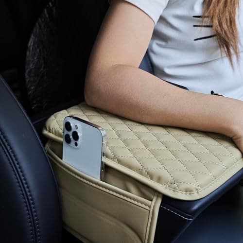 XUPEIXUN Car Center Console Cover,Microfiber Leather Car Armrest Cover Cushion with Storage Bags, Universal Car Armrest Storage Box Car Interior Accessories for Most Vehicles, Beige - Thumbnail 4