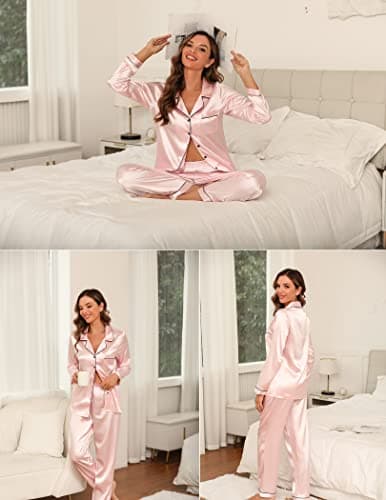Pjmlifecoco Button Down Pajamas Women Silk Satin Pajama Set Long Sleeve Soft 2 Piece Pjs Solid Cozy Sleepwear Pink - Thumbnail 5