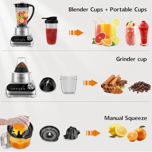 Camic Blender & Food Processor Combo,6 Functions for Smoothies,Chopping,Slicing,Shredding,Grinding,Dough,72-oz.Blender Pitche,64-oz. Processor Bowl,To-Go Cup,Grinder Cup (Silver-Upgraded Version) - Thumbnail 4