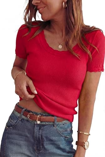Arach&Cloz Women's 2026 100% Cotton Spring Summer Tops Scoop Neck Short Sleeve Sweater Shirts Pullover Lightweight Soft Cozy Slim Fit Stretchy Business Casual Outfits Work Clothes Trendy Red XL - Image 1
