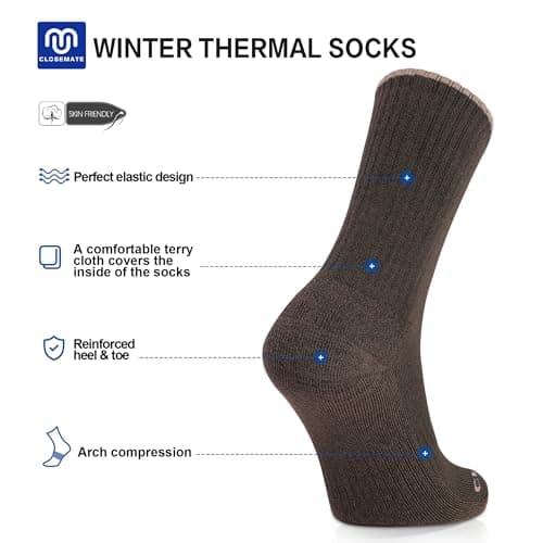 CLOSEMATE Mens Thermal Winter Crew Socks for Boots Thick and Warm for Cold Weather Work Hiking 5 Pairs(1Black 1DarkGrey 1Brown 1DarkBlue 1DarkGreen, Size M) - Thumbnail 2