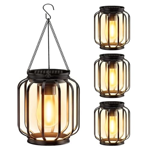 Solar Hanging Lanterns Outdoor Waterproof: 4 Pack Metal Solar-Powered Lights with Hook, Bright Warm Lantern Decor for Outside, Classic Outdoor Lighting for Yard Garden Patio Porch Balcony Decorations - Image 1