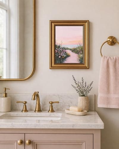 Gold Framed Wall Art, Pink Coastal Seascape Canvas Prints, Pink Sky Beach Wildflower Landscape Picture Wall Decor, Dreamy Beachy Aesthetic Artwork for Living Room Bedroom 12x16 inch - Thumbnail 6