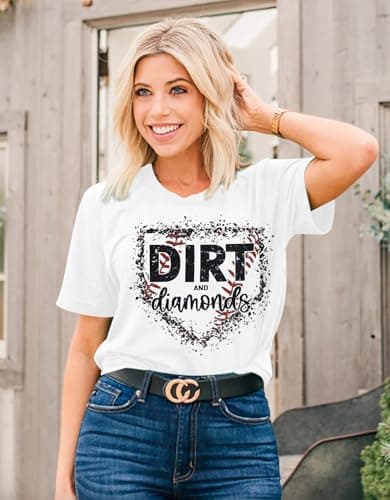 Baseball Shirts Women Softball Game Day T-Shirt Dirt and Diamonds Print Shirt Baseball Graphic Tee Tops White - Thumbnail 3