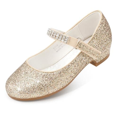 Stelle Girls Mary Jane Dress Shoes Low Heel Glitter Patent Bow Kids Party Wedding Flower Girl School Shoes(Glitter Mary Jane-Gold(Chain),7 Toddler) - Image 1