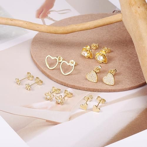 ALEXCRAFT Small Gold Stud Earrings for Women Cubic Zirconia Earring Studs Cute 14k Gold Plated Heart Flower Earing Pack 6 Pairs - Thumbnail 2