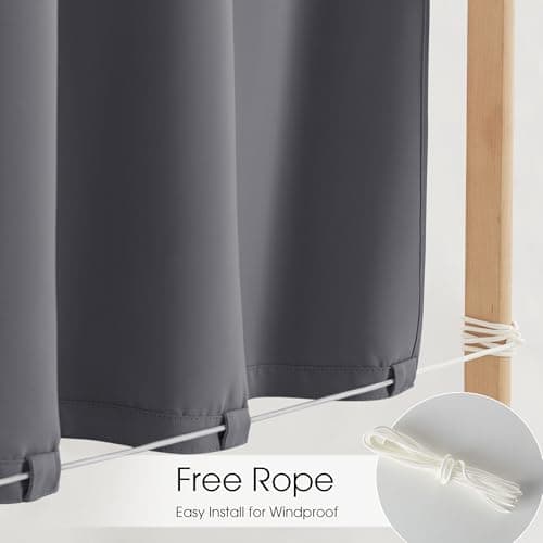 NICETOWN 2 Panels Outdoor Curtains for Patio, Adhesive Strip Top No Rods Needed, Back Tab Bottom with Free Rope for Wind Resistance, Waterproof & Windproof Drape for Gazebo/Pergola, W52 x L96 in, Grey - Thumbnail 4