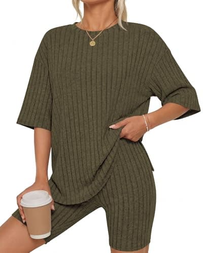 KIRUNDO Short Sets For Women Summer 2 Piece Matching Lounge Sets Casual Rib Knit Tshirts Biker Shorts Beach Vacation Outfits (Army Green, Large) - Image 1