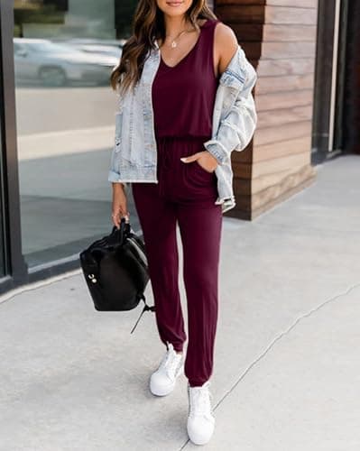 KIRUNDO Women 2026 Summer Jumpsuits Casual Sleeveless Drawstring Elastic Waist Romper Vacation Cruise Airport Travel Outfits(Wine Red, X-Large) - Thumbnail 4