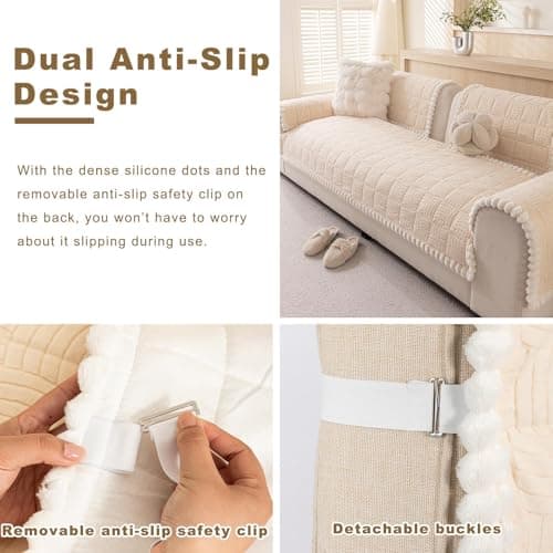 Eco-Ancheng Couch Cover for Dogs Pet Couch Cover for Sofa Washable Dog Sofa Covers Couch Protector for Cushion Fuzzy Non Slip Couch Slipcover with Elastic Straps for Pets, Dogs(Cream,1PC/27.6x70.9 in) - Thumbnail 3