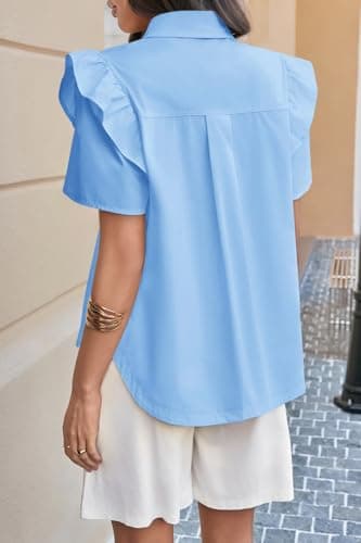 Cicy Bell Womens Ruffle Button Down Shirts Dressy Casual Short Puff Sleeve Cotton Tops Summer Loose Fit V Neck Blouses Sky Blue - Thumbnail 4