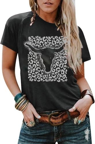 Western Shirts for Women Vintage Cow Skull Graphic Tshirts Casual Cowgirl Short Sleeve Tee Top - Image 1