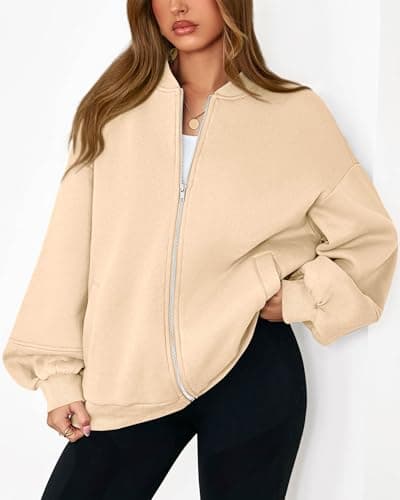 KIRUNDO Oversized Sweatshirt for Women Zip Up Bomber Jacket 2026 Fall Fashion Casual Long Sleeve Outerwear Winter Outfits(Beige, Large) - Thumbnail 5
