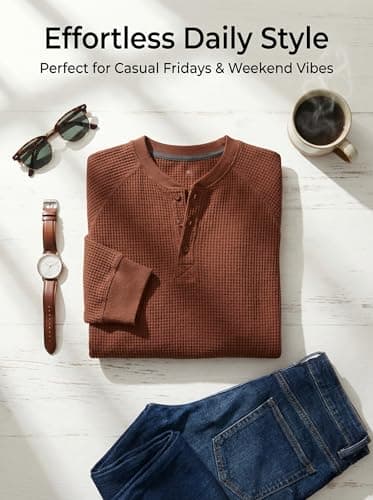 QIVICIMA Raglan Long Sleeve Waffle Henley Shirts for Men Textured Cotton Pullover Knit Tee with Button Neckline Dark Brown XXXL - Thumbnail 3
