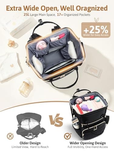 Lekesky Quilted Diaper Bag Backpack, Wide Opening Large Baby Bag for Mom Dad Maternity Baby Boy Girls, Black Travel Diaper Backpack with Changing Pad, Insulated Pockets, Pacifier Case - Thumbnail 3