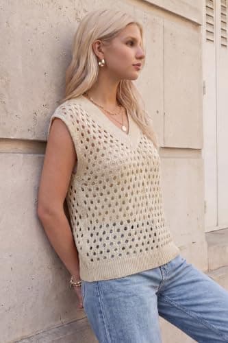 Arach&Cloz Women's Cashmere Wool Blend Hollow Out V Neck Dressy Casual Sweater Vests Beige S - Thumbnail 4