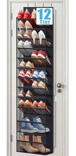 Soarine 12 Tier Over the Door Shoe Organizer for Closet, Holds 24 Pairs Hanging Shoe Rack for Door with Mesh Pockets, Narrow Shoe Holder Hanger for Sneakers, Boots (Black) - Image 1