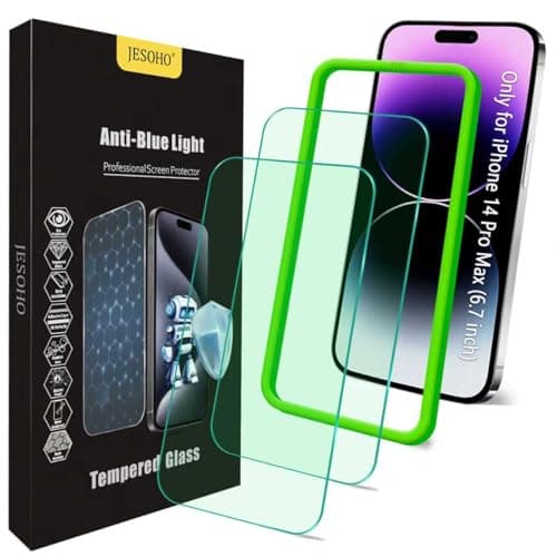 JESOHO Blue Light Screen Protector for iPhone 14 Pro Max (6.7"), Eye Protection, HD Blue Light Blocking Tempered Glass Film, No Bubble, with Easy Installation Kit 2 Pack - Image 1