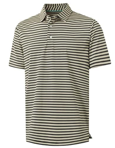 M MAELREG Mens Polo Shirts Short Sleeve Performance Dry Fit Striped Casual Moisture Wicking Sports Golf Shirts Black Khaki - Image 1
