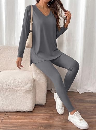 BTFBM Two Piece Sets for Women 2026 Casual Lounge Set Matching Oversized Shirts Leggings Workout Airport Travel Outfits(Grey, Medium) - Thumbnail 5
