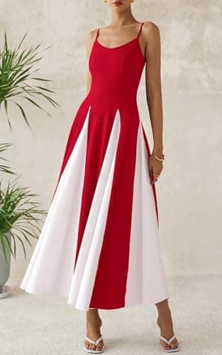 PRETTYGARDEN Spaghetti Strap Backless Spring Dresses for Women 2026 Flowy Maxi Dresses Sleeveless Wedding Guest Dress (Red White, X-Large) - Thumbnail 4