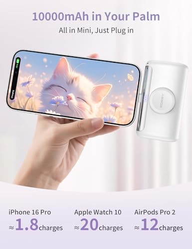 RORRY PalmGo Portable Charger, 10000mAh PD 22.5W Fast Charging Mini Power Bank with Built-in USB C Connector, 3-in-1 Battery Pack for iPhone 17/16/15 Pro/Max, Apple Watch Ultra/11/10/SE, iPad, White - Thumbnail 2