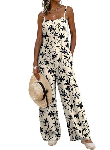Dokotoo Women's Oversized Summer Boho Casual Jumpsuits 2026 Fashion Boho Wide Leg Loose Fit Pants Sleeveless Ladies Jumpsuits Long Pant Printed Causal Rompers Overalls With Pockets Apricot XXLarge - Image 1