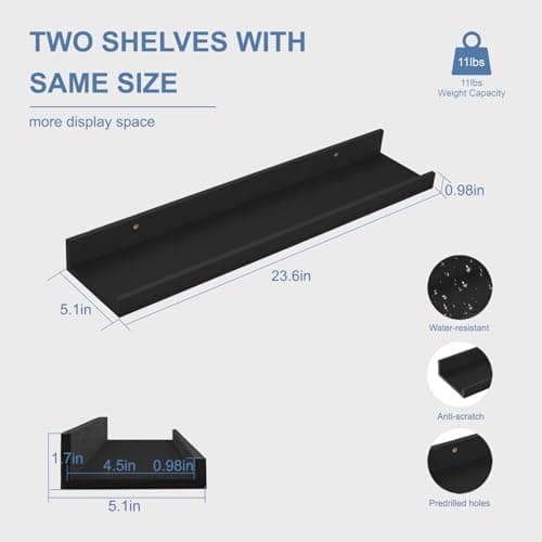 Mifurn Floating Picture Ledge Shelves, 2-Pack Wall Mounted Book Shelf for Nursery & Kids Room, Floating Shelves for Wall Photo Frames with Lip, Living Room or Bedroom, 24inch, Black - Thumbnail 3