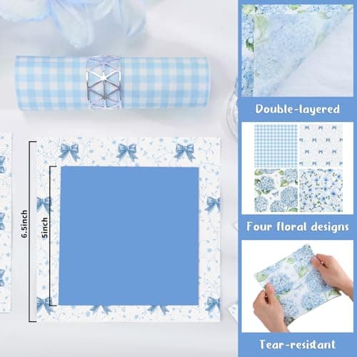 80Pcs Blue Floral Napkins, 6.5 In Hydrangea Napkins 2 Ply Vintage Decorative Napkin Flower Napkin for Decoupage, Tea Party, Birthday, Baby Shower, Wedding - Thumbnail 3
