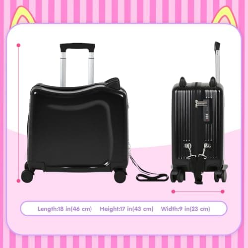 smilesun 20" Ride-On Travel Suitcase for Kids, Cute Ear Toddler Carry on Luggage with Spinner Wheels, Children Rolling Trolly Luggage with Combination Lock (Coal Black with Rope) - Thumbnail 4