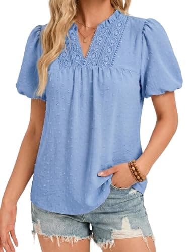 Funlingo Boho Tops for Women Puff Short Sleeve Dressy Casual Blouses Summer Trendy Lace Flowy Swiss Dot Babydoll Shirts 2026 Bohemian Clothes Blue 3XL - Image 1