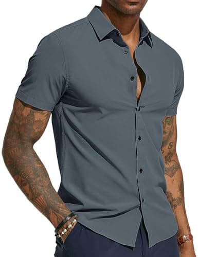 PJ PAUL JONES Mens Button Down Short Sleeve Shirt Wrinkle Free Dress Shirts for Men Casual Summer Beach Vacation Shirts Blue Grey XXL - Image 1