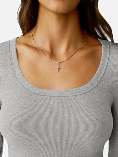 GKBK Women's Long Sleeve Tops Casual Scoop Neck Ribbed Knit Slim Fitted Basic Tee Shirts 2025 Fall Trendy Outfits Gray - Thumbnail 5