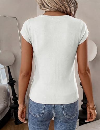 LaGracia Womens Short Sleeve Sweater Wool Blend Cashmere V Neck Cropped Sweaters Lightweight Business Casual Sweater Tops Basic Summer Outfits Cream White XL - Thumbnail 3