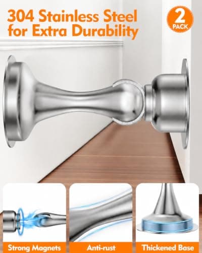 Door Stoppers Magnetic Door Catch, 2 Pack Stainless Steel Magnetic Door Stop, Double-Sided Adhesive Tape, No Drilling, Screws for Stronger Mount, Holder Your Door Open for Wide Doors - Thumbnail 3