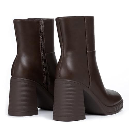 Athlefit Women's Platform Ankle Boots High Chunky Block Heel Brown Boots Fashion Square Toe Zipper Heeled Booties Size 11 - Thumbnail 6